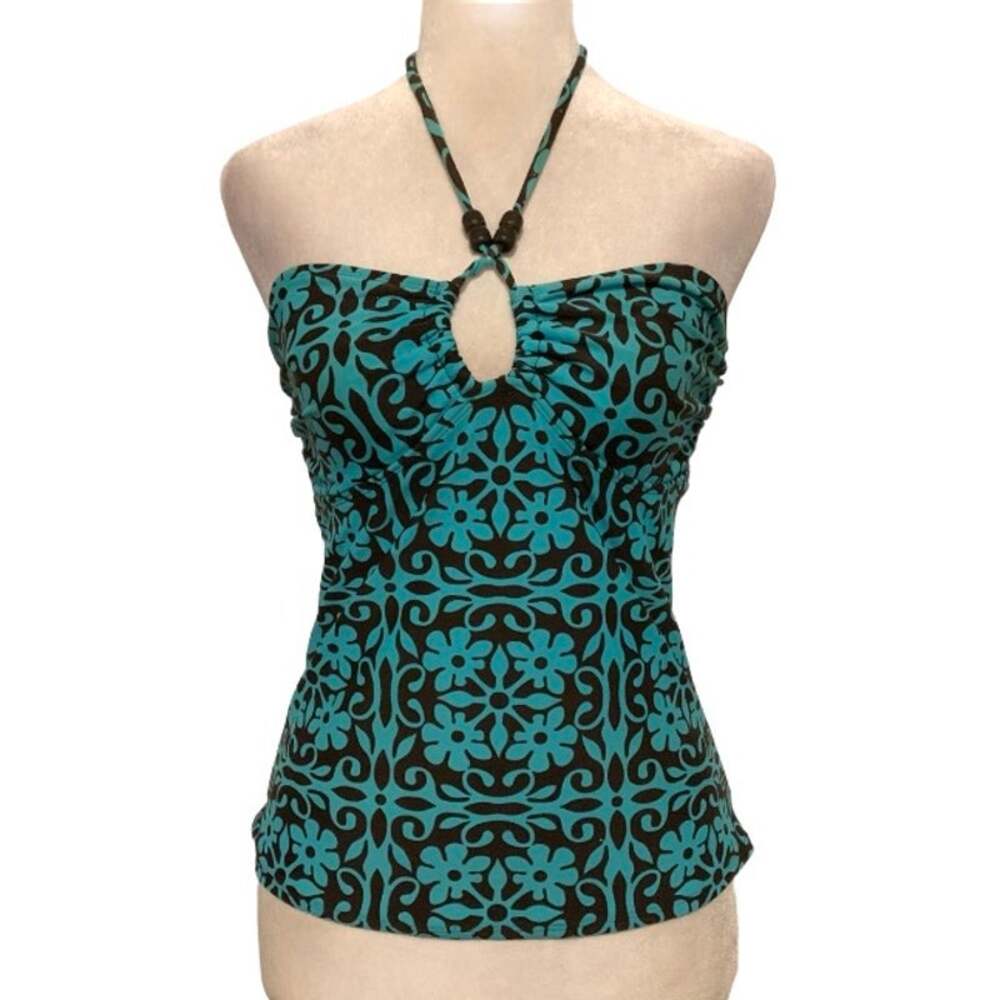 Y2K Teal Brown Floral Halter Tankini Top Wooden Beaded Neck S